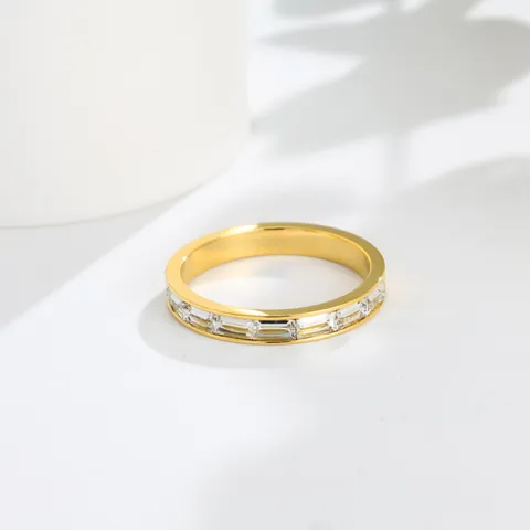 Minimalist Stainless Steel Baguette Rhinestone Ring For Women Gold Rose Gold Plated Half Eternity Band Finger Ring Jewelry