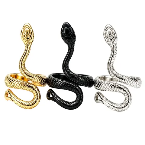 Vintage Punk Titanium Steel Snake Ring For Men Women Antique Gold Black Distressed Animal Spiral Wrap Finger Ring Jewelry