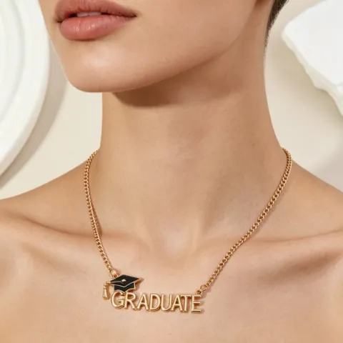 Graduation Season GRADUATE Letter Pendant Necklace Black Enamel Mortarboard Charm Alloy Gold Chain Graduation Gift For Women