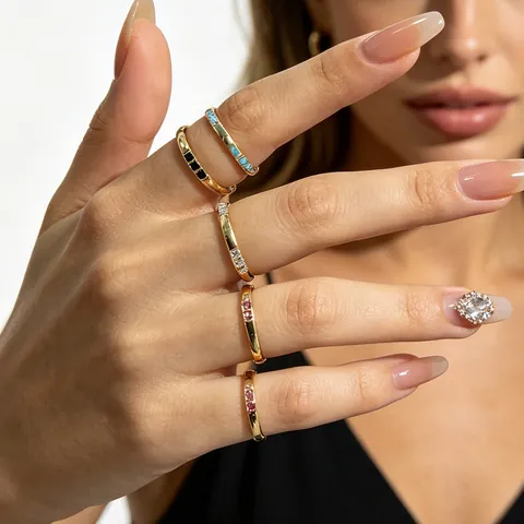 Fashion Gold Plated Stainless Steel Ring Turquoise Rhinestone Inlaid Minimalist Geometric Finger Ring For Women Jewelry