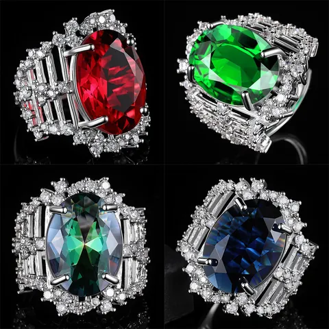 Luxurious Oval Sapphire Ruby Emerald Open Ring Electroplated Copper Zirconia Inlaid Adjustable Cocktail Ring For Men Women Jewelry