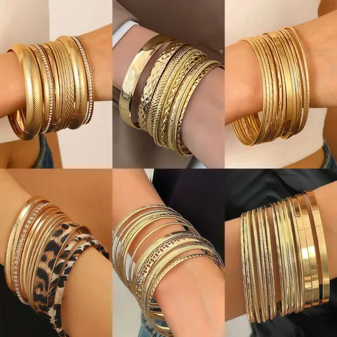 Vintage Ethnic Alloy Bangle Collection For Women Gold Silver Electroplated Stackable Geometric Bangles Assorted Textures