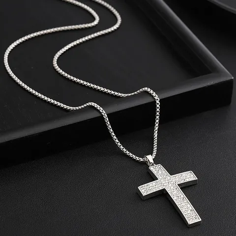 Collier Pendentif Croix Avec Strass Iced Out Acier Titane Alliage Hip Hop Bijoux Brillants Pour Hommes Femmes