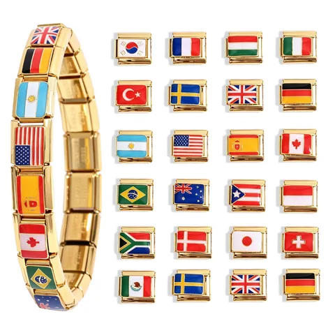 Maillons de Bracelet Charm Italien en Acier Inoxydable Drapeau National Émail DIY Modulaire Charms pour Bijoux Unisexe Cadeau