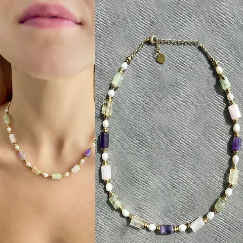 Ensemble de Bijoux Vintage Français pour Femmes Collier en Acier Inoxydable Plaqué Or 18K avec Perles d'Eau Douce et Pierres Naturelles