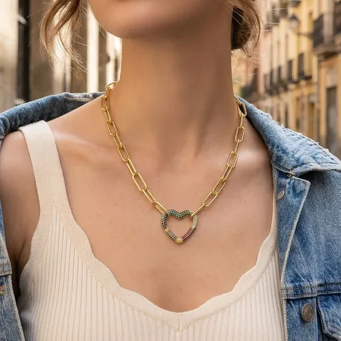 Rainbow Zircon Pendant Necklace For Women Gold Plated Copper Paperclip Chain Heart Star Geometric Hip Hop Jewelry Necklace