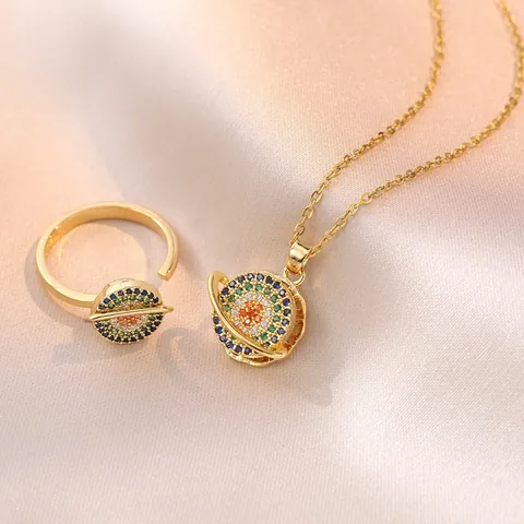 Stainless Steel Rotating Planet Jewelry Gold Plated Colorful Zirconia Saturn Pendant Necklace And Adjustable Ring For Women