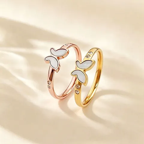 Koreaanse Stijl Roestvrij Stalen Vlinder Ring Kunstparelmoer Witte Schelp Zirconia Goud Roségoud Elegante Sieraden Voor Dames
