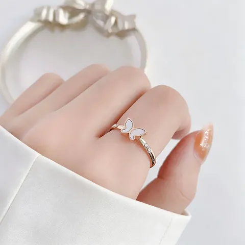 Koreaanse Stijl Roestvrij Stalen Vlinder Ring Kunstparelmoer Witte Schelp Zirconia Goud Roségoud Elegante Sieraden Voor Dames