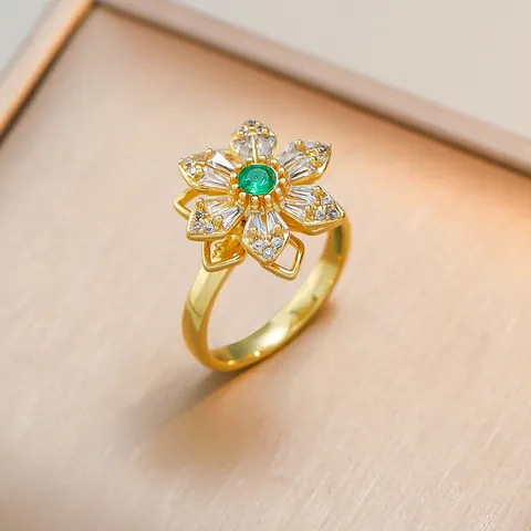Anello Aperto con Fiore di Smeraldo per Donna Regolabile Placcato Oro Zircone Cubico Verde Gioiello alla Moda