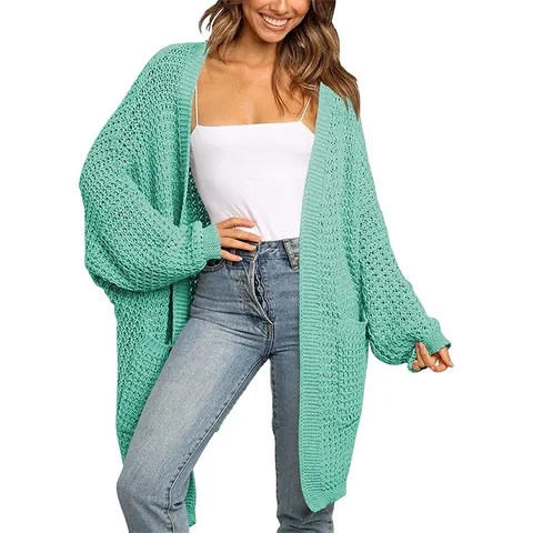 Women's Casual Oversized Acrylic Waffle Knit Cardigan With Pockets Solid Color Open Front Loose Sweater Top Outerwear