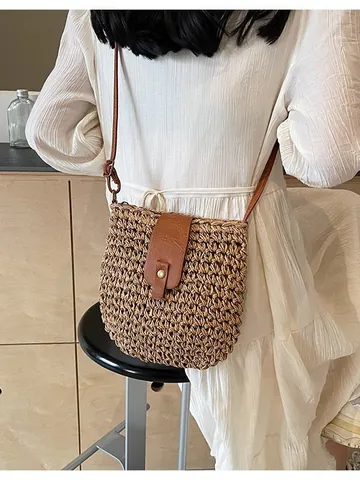 Sommerurlaub Mode Gewebte Stroh Eimertasche Für Damen Freizeit Stroh Schulter Umhängetasche Mit Reißverschluss