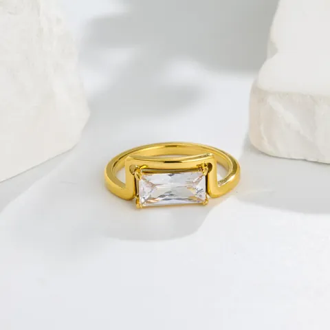 Luxury Minimalist 18K Gold Plated Stainless Steel Ring For Women Rectangular Clear Zirconia Emerald Cut Geometric Finger Ring Jewelry
