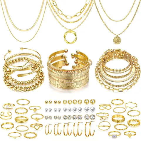 Collezione Gioielli Donna in Lega Oro Moda Collana a Strati Bracciali Anelli Orecchini Con Strass Perla Artificiale