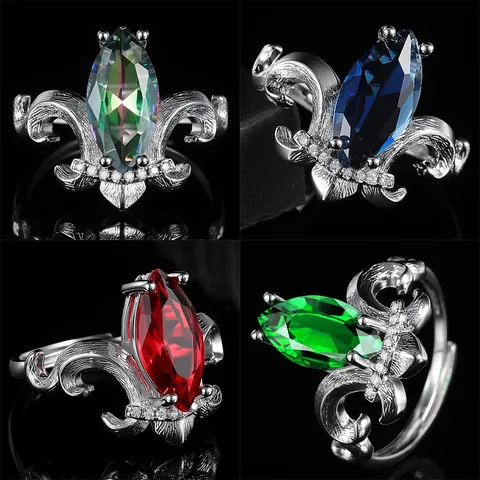 Vintage Crown Open Ring For Women Environmental Copper Marquise Cut Zirconia Adjustable Luxury Fleur-de-lis Finger Jewelry Gift
