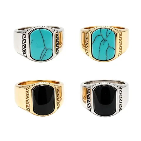 Anillo de Sello Vintage de Acero de Titanio para Hombre Con Piedra Rectangular Patrón de Llave Griega Chapado en Oro Plata Joyería de Moda Anillo