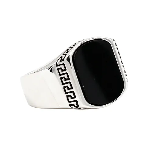 Anillo de Sello Vintage de Acero de Titanio para Hombre Con Piedra Rectangular Patrón de Llave Griega Chapado en Oro Plata Joyería de Moda Anillo