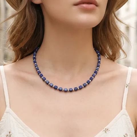 Natural Stone Cube Beaded Necklace For Women Elegant Silver Plated Copper Lapis Lazuli Tiger Eye Choker Necklace Jewelry