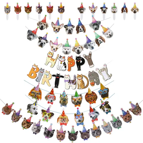 Pet Dog Cat Happy Birthday Banner Paper Cartoon Animal Head Garland Hanging Decoration For Birthday Party Supplies
