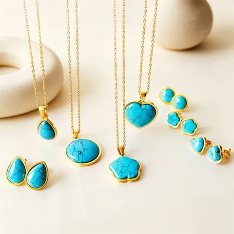 Vintage Stainless Steel Turquoise Jewelry Set For Women Gold Silver Plated Heart Round Floral Necklace Earrings Jewelry Set