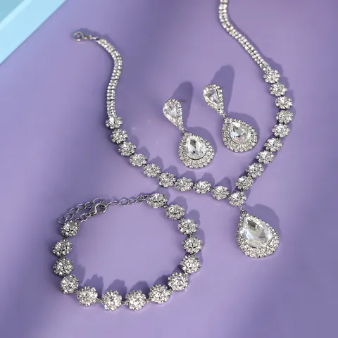 Luxury Alloy Rhinestone Jewelry Set Heart Waterdrop Butterfly Floral Bridal Necklace Earrings Bracelet Ring For Wedding Party Women