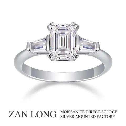 Luxury 925 Sterling Silver Moissanite Ring Emerald Cut Three Stone Engagement Wedding Ring For Women Elegant Zirconia Jewelry Accessory