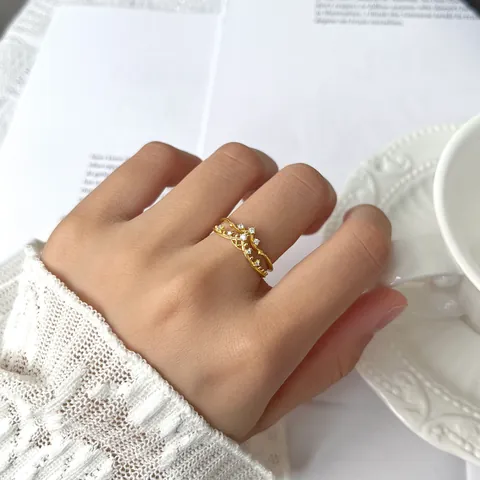 Anello Corona Cava in Argento Sterling S925 per Donna Moda Giapponese Placcato Oro Zirconia Anello Impilabile Gioielli di Lusso