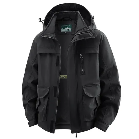 Men's Casual Outdoor Jacket With Detachable Hood Windproof Breathable Multi Pocket Cargo Top Spring Autumn Loose Outerwear