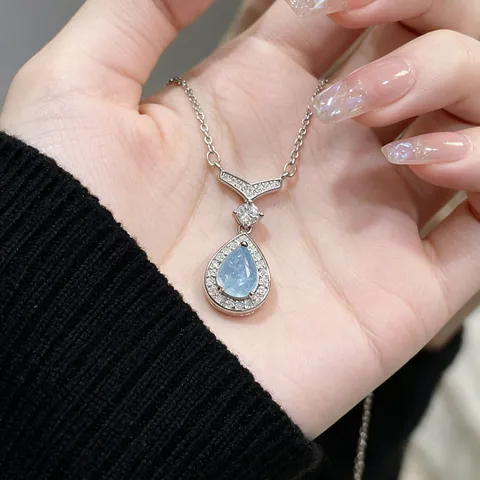 Elegante Zeemeermin Traan Waterdruppel Hanger Ketting Legering Lichtblauw Kristal Zirkonia Sleutelbeen Ketting Vrouwen Sieraden