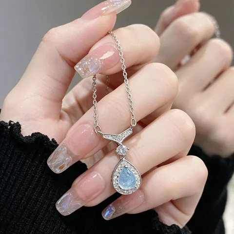 Elegante Zeemeermin Traan Waterdruppel Hanger Ketting Legering Lichtblauw Kristal Zirkonia Sleutelbeen Ketting Vrouwen Sieraden