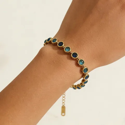 Bracelet de Luxe en Acier Inoxydable avec Zirconia Bleu Dégradé pour Femmes Plaqué Or 18K Rond Serti Clos Bijoux de Mode