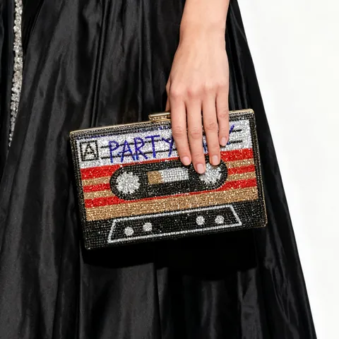 Retro Cassette Tape Shape Evening Clutch Bag Full Rhinestone Inlaid Sparkly Party Handbag For Women Vintage 80s Rock Crossbody Bag