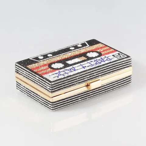 Retro Cassette Tape Shape Evening Clutch Bag Full Rhinestone Inlaid Sparkly Party Handbag For Women Vintage 80s Rock Crossbody Bag