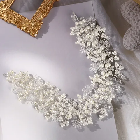 Handmade Luxury Bridal Hair Vine Rhinestone Artificial Pearl Leaf Wedding Headband For Women Banquet Party Hair Jewelry