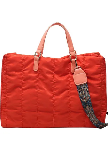 Women Large Capacity Quilted Nylon Tote Bag Fashion Commute Padded Handbag Versatile Shoulder Bag With Ethnic Pattern Wide Strap