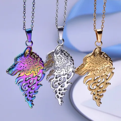 Stainless Steel Wolf Head Pendant Necklace Hollow Out Gothic Animal Charm Electroplated Jewelry For Men Women DIY Gift