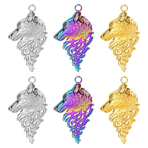 Stainless Steel Wolf Head Pendant Necklace Hollow Out Gothic Animal Charm Electroplated Jewelry For Men Women DIY Gift