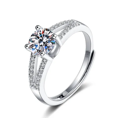 Bague Ouverte Réglable pour Femme en Cuivre Plaqué Platine avec Strass et Sertissage à Quatre Griffes Bijoux Mode
