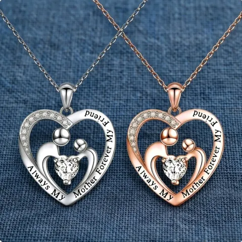 Stainless Steel Heart Pendant Necklace For Women Zirconia Inlaid Mother And Child Necklace Engraved Always My Mother Mother's Day Jewelry Gift