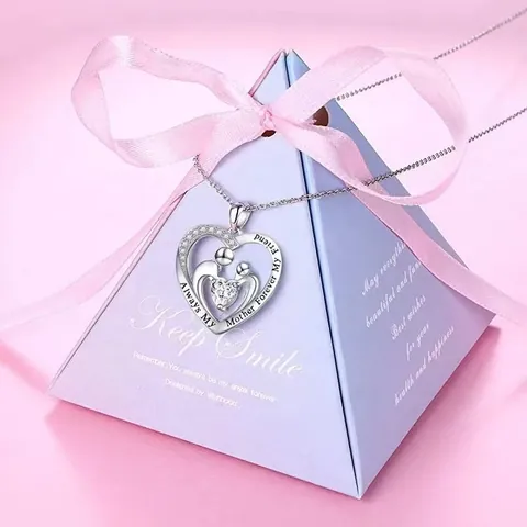 Stainless Steel Heart Pendant Necklace For Women Zirconia Inlaid Mother And Child Necklace Engraved Always My Mother Mother's Day Jewelry Gift