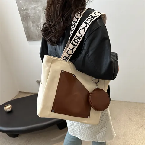 Large Capacity Women Canvas Tote Bag Geometric Print Strap Patchwork Shoulder Bag With Round Coin Purse School Commuter Handbag