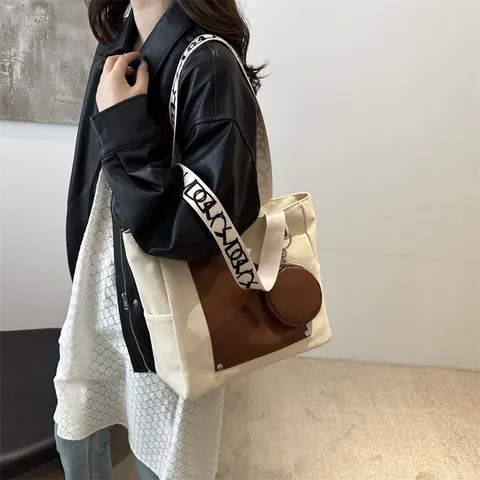 Large Capacity Women Canvas Tote Bag Geometric Print Strap Patchwork Shoulder Bag With Round Coin Purse School Commuter Handbag