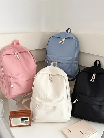 Japanese Style Cute Lightweight Nylon Backpack For Women Students Minimalist Solid Color Travel School Bag Multi Pocket Bookbag