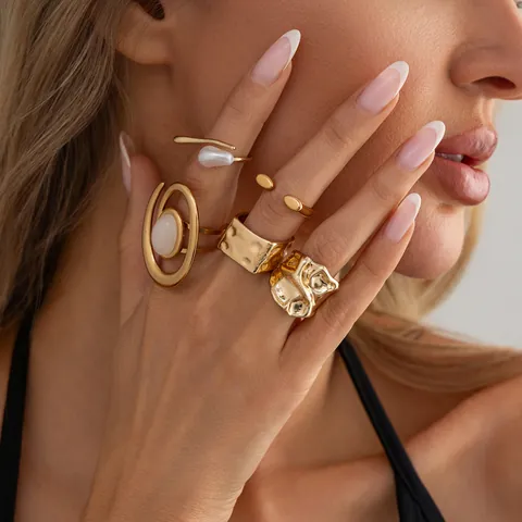 Vintage Legierung Imitationsperle Ring-Set Für Damen Gold Seestern Muschel Emaille Ozean Thema Unregelmäßige Fingerringe