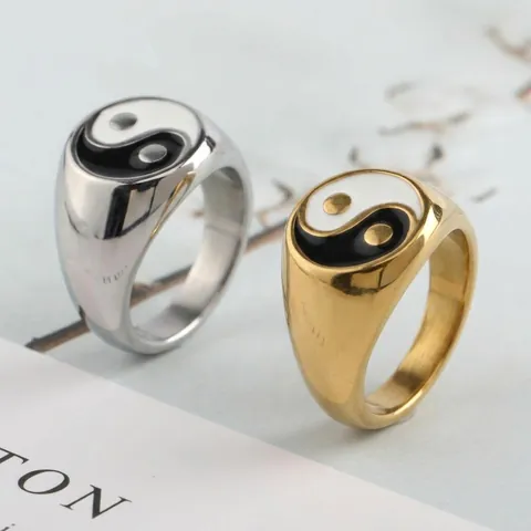 Vintage Stainless Steel Tai Chi Yin Yang Signet Ring Oriental Eight Trigrams Enamel Finger Ring Jewelry For Women Men