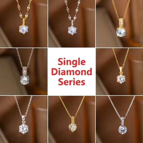 Elegant Titanium Steel Six-Prong Single Rhinestone Pendant Necklace For Women Minimalist Sweet Water Wave Chain Gold Silver Jewelry