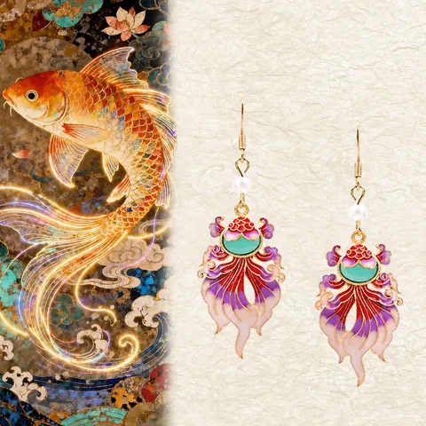 Retro National Tide Carp Drop Earrings With 925 Sterling Silver Earring Post Gold Plated Brass Enamel Koi Fish Earrings With Artificial Pearl Resin Jewelry For Women