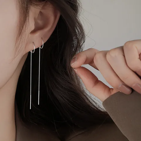 Minimalist Copper Long Chain Threader Earrings For Women With 925 Sterling Silver Post Geometric Ear Line Jewelry Birthday Gift Gold Silver Black
