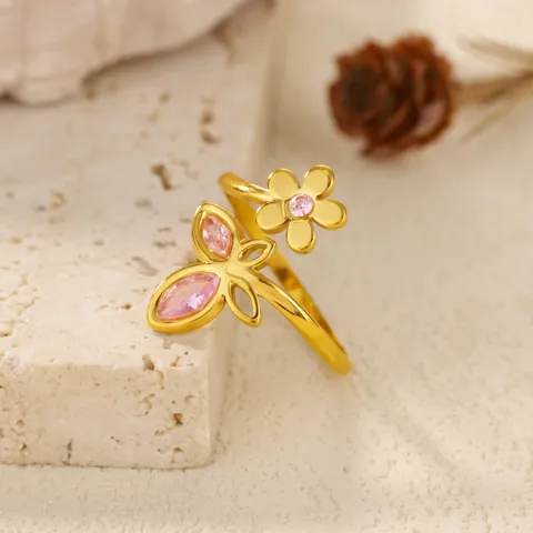 Stainless Steel Pink Rhinestone Heart Flower Open Ring For Women Vintage Elegant Gold Plated Adjustable Fashion Jewelry Gift
