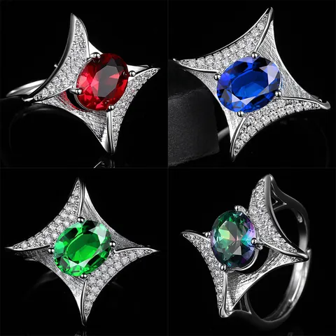 Vintage Luxury Star Adjustable Open Ring Oval Sapphire Ruby Emerald Zirconia Copper Ring For Women Party Jewelry Gift